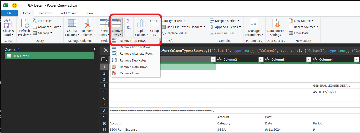 The Remove Top Rows dialog in Power Query.