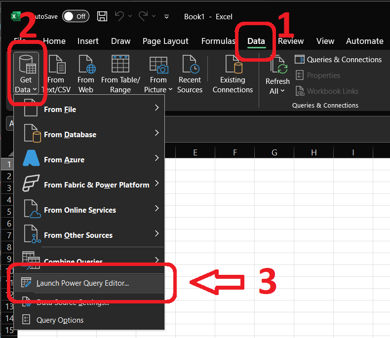 The Excel Data tab with Get Data, From File, From Text/CSV selected.