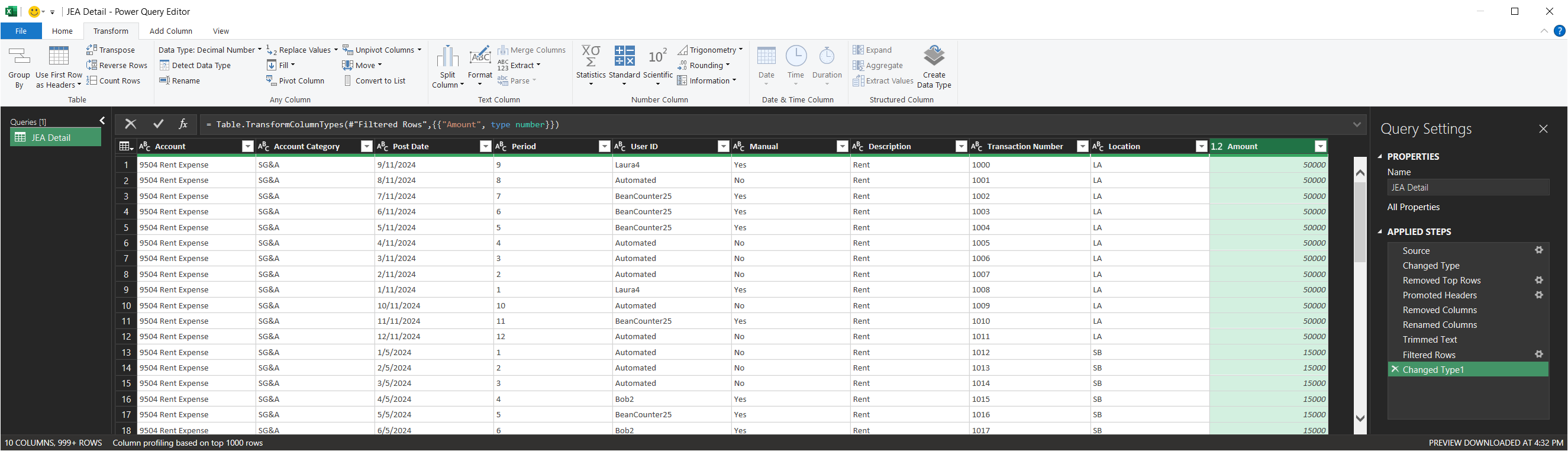 The completed Applied Steps list beside the cleaned ten-column table.