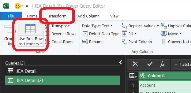 Power Query after Use First Row as Headers, with real column names in place.